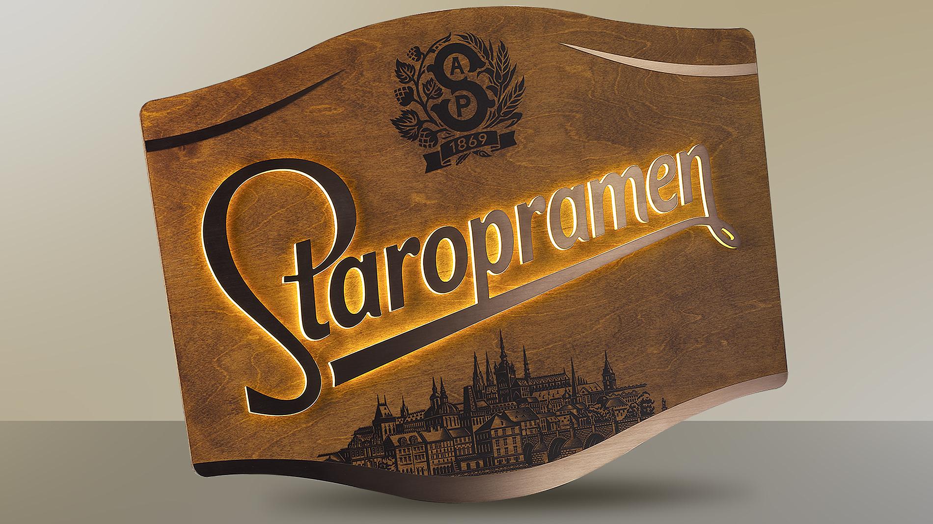 lightbox Staropramen, POS materials, wood, stainless steel